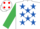WHITE, royal blue stars, emerald green sleeves, white cap, red spots