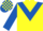 YELLOW, royal blue chevron & sleeves, check cap