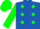 Royal blue, green spots and sleeves, green cap, blue spot