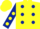 Yellow, Dark Blue spots, Dark Blue sleeves, Yellow spots, Yellow cap