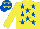 YELLOW, royal blue stars, yellow sleeves, royal blue cap, yellow stars