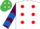 WHITE, red spots, maroon sleeves, royal blue chevrons, emerald green cap, yellow diamonds