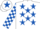 WHITE, royal blue stars, check sleeves, white cap, royal blue star