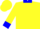 Yellow, blue 'MF', blue cuffs & collar