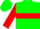 Green, Red hoop, sleeves and peak on cap