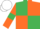 Emerald green and orange (quartered), orange sleeves, emerald green armlets, white cap