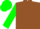 Brown, white crossed sashes, green sleeves and cap