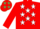 RED, white stars, red sleeves, red cap, emerald green stars
