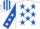 WHITE, royal blue stars, royal blue sleeves, white stars, royal blue & white striped cap