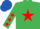EMERALD GREEN, red star, red stars on sleeves, royal blue cap