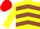 YELLOW & BROWN CHEVRONS, yellow sleeves, red cap