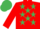 RED, emerald green stars, red sleeves, emerald green cap