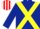 DARK BLUE, YELLOW cross belts, RED and WHITE striped cap