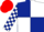 Dark Blue and White (quartered), checked sleeves, Red cap