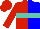 Red and blue halves, turquoise belt, red cap