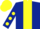DARK BLUE, yellow panel, yellow spots on sleeves, yellow cap