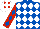 Royal Blue and White diamonds, Red sleeves, Royal Blue diamonds, White cap, Red diamonds