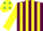 MAROON & YELLOW STRIPES, yellow sleeves, yellow cap, emerald green spots