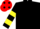 BLACK, yellow hooped sleeves, red cap, black spots