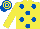 YELLOW, royal blue spots, yellow sleeves, hooped cap