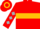 Red, gold hoop, silver diamonds on sleeves