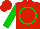 Red, green circle 'H' on back, green sleeves