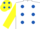 White, Royal Blue spots, Yellow sleeves, Yellow cap, Royal Blue spots