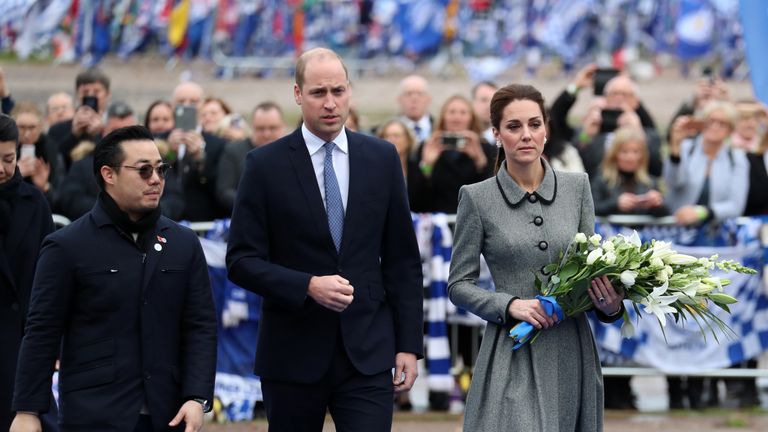 The Duke and Duchess of Cambridge arrive at Leicester City's King Power Stadium to their respects to victims of the helicopter crash at the club in October