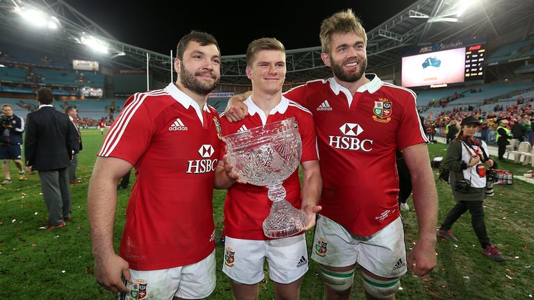 Rugby Union - 2013 British and Irish Lions Tour - Third Test - Australia v British and Irish Lions - ANZ Stadium
British and Irish Lions&#39; Alex Corbisiero, Owen Farrell and Geoff Parling (left to right) celebrate victory with the trophy, after the game