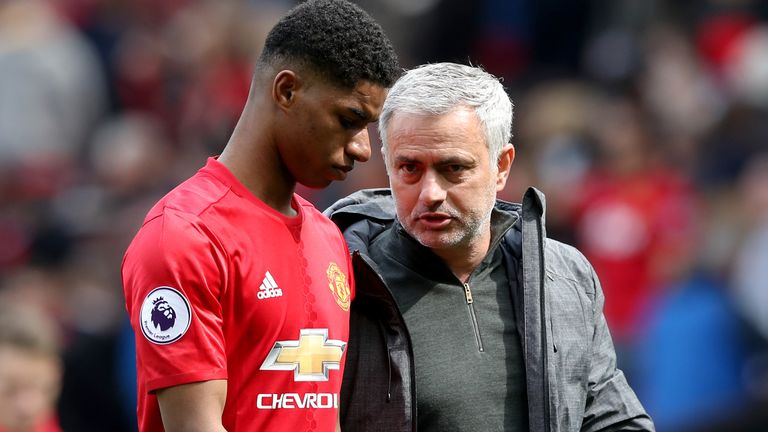 Manchester United v Swansea City - Premier League - Old Trafford
Manchester United's Marcus Rashford (left) with Manchester United manager Jose Mourinho after the final whistle during the Premier League match at Old Trafford, Manchester.