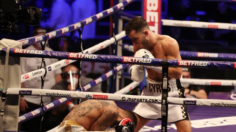 Cyrus Pattinson vs Yoncho Markov, Welterweight Contest.
12 June 2021
Picture By Mark Robinson Matchroom Boxing
Cyrus Pattinson knocks Markov to his knees.