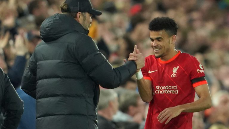 Luis Diaz is congratulated by Jurgen Klopp during his substitution in the second half (AP)