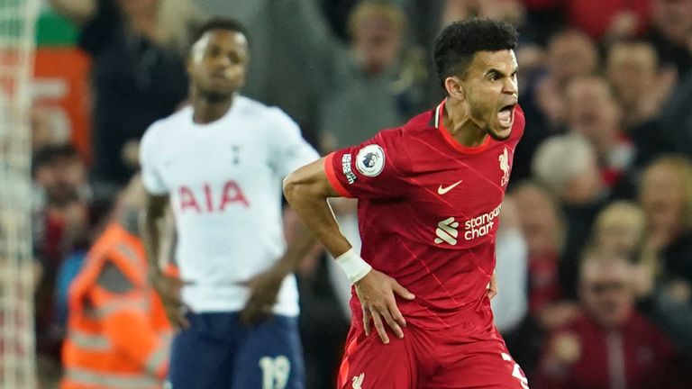 Liverpool&#39;s Luis Diaz celebrates after equalising against Tottenham