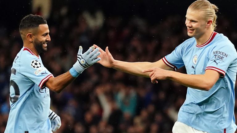 Riyad Mahrez celebrates with Erling Haaland after Man City&#39;s opening goal against FC Copenhagen