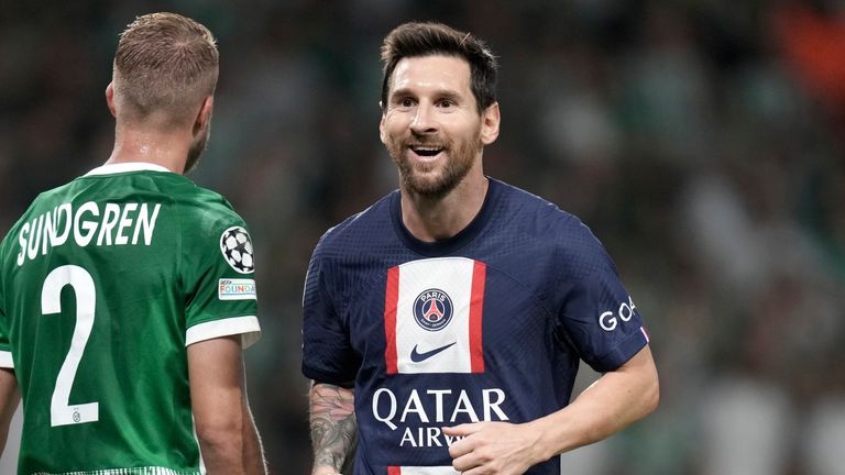 PSG&#39;s Lionel Messi celebrates after scoring against Maccabi Haifa