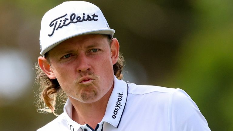 Australia&#39;s Cameron Smith reacts after missing a putt on the 16th hole during the Australian Open golf championship at Victoria golf course in Melbourne, Australia, Thursday, Dec. 1, 2022. (AP Photo/Asanka Brendon Ratnayake)