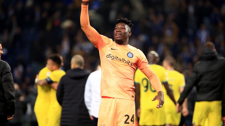 Inter Milan's goalkeeper Andre Onana celebrates