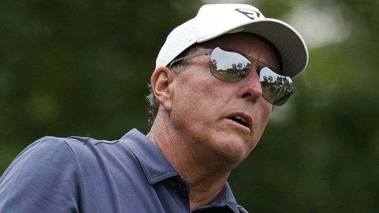 Phil Mickelson watches his tee shot on the fourth hole during the second round of the Masters golf tournament at Augusta National Golf Club on Friday, April 7, 2023, in Augusta, Ga. (AP Photo/Mark Baker)