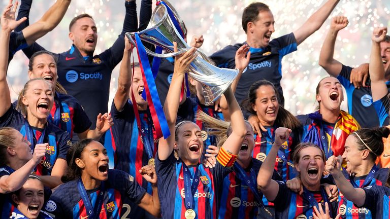 Barcelona's captain Alexia Putellas lifts the trophy after winning the Women's Champions League final 