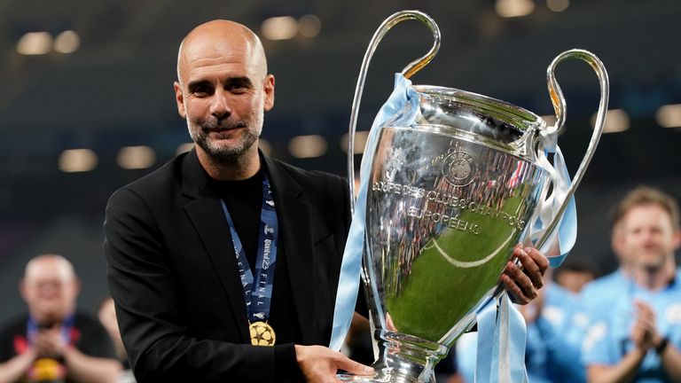Manchester City manager Pep Guardiola with the UEFA Champions League Trophy following victory over Inter Milan in the UEFA Champions League Final at the Ataturk Olympic Stadium, Istanbul. Picture date: Saturday June 10, 2023.