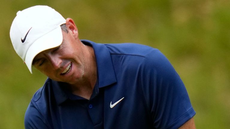 Rory McIlroy, of Northern Ireland, reacts to his putt on the 14th green during the final round of the Travelers Championship golf tournament at TPC River Highlands, Sunday, June 25, 2023, in Cromwell, Conn. (AP Photo/Frank Franklin II) 