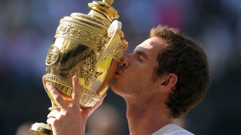 Andy Murray kisses the trophy after beating Serbia&#39;s Novak Djokovic. The Wimbledon victory cemented Murray&#39;s place as one of Britain&#39;s sporting greats, and he followed it up three years later with a second title. Issue date: Monday June 26, 2023.