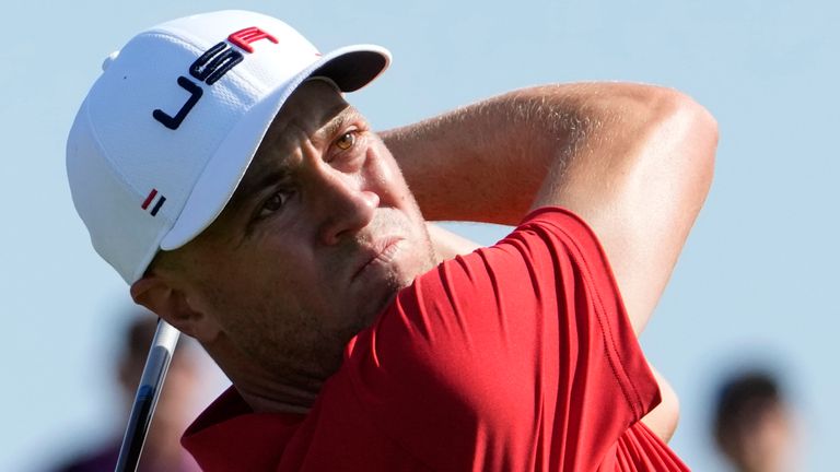 United States&#39; Justin Thomas play his tee shoot the 17th during practice round ahead of the Ryder Cup at the Marco Simone Golf Club in Guidonia Montecelio, Italy, Tuesday, Sept. 26, 2023. The Ryder Cup starts Sept. 29, at the Marco Simone Golf Club. (AP Photo/Alessandra Tarantino)