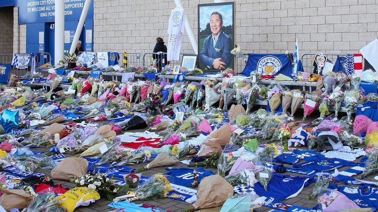 Flowers laid outside the King Power Stadium following the helicopter crash in 2018