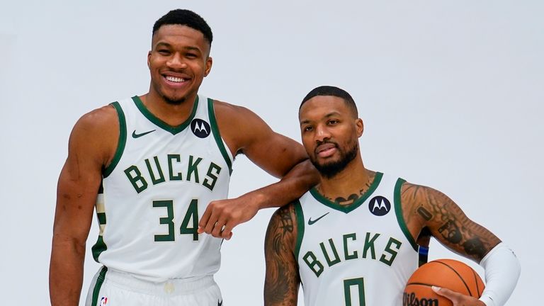 Milwaukee Bucks&#39; Giannis Antetokounmpo and Damian Lillard pose for a picture during the NBA basketball team&#39;s media day in Milwaukee Monday, Oct. 2, 2023. (AP Photo/Morry Gash)