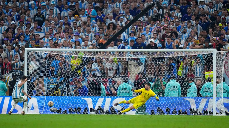 Argentina's Gonzalo Montiel score in a penalty shootout during the World Cup final soccer match between Argentina and France at the Lusail Stadium in Lusail, Qatar, Sunday, Dec. 18, 2022. (AP Photo/Natacha Pisarenko)