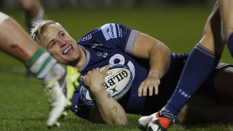 Arron Reed goes over for one of his two tries in Sale&#39;s Gallagher Premiership win over Newcastle