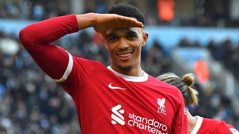 Trent Alexander-Arnold celebrates after equalising for Liverpool at Man City