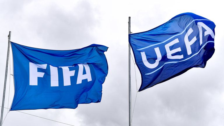 Wexford , Ireland - 22 March 2023; The FIFA and UEFA flags flying inside the ground before the UEFA European Under-19 Championship Elite Round match between Republic of Ireland and Slovakia at Ferrycarrig Park in Wexford. 