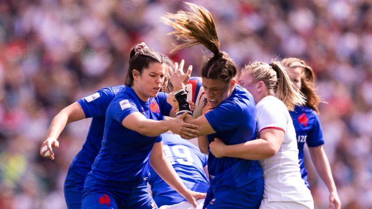 LONDON, ENGLAND - APRIL 29: France&#39;s Gaelle Hermet in action during the TikTok Women&#39;s Six Nations match between England and France at Twickenham Stadium on April 29, 2023 in London, United Kingdom. (Photo by Bob Bradford - CameraSport via Getty Images)                                                                                                                                  